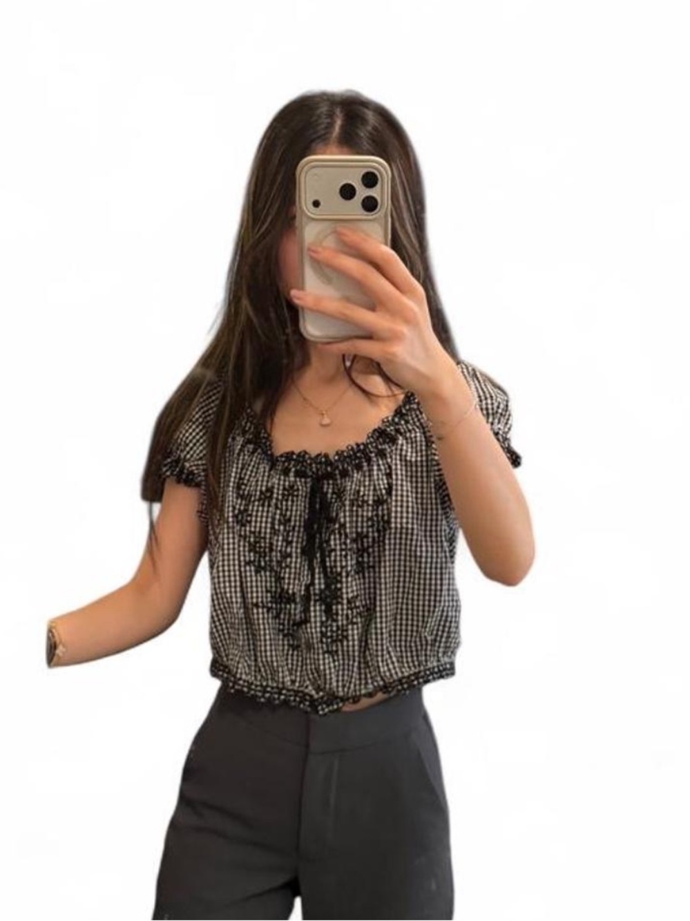 Black & White Gingham Ruffle-Trim nera Top